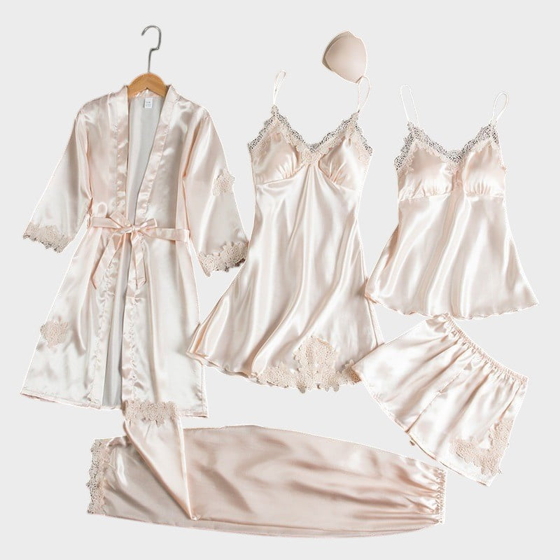 Rebecca | Conjunto de Pijama de 5 Piezas de Encaje Satinado