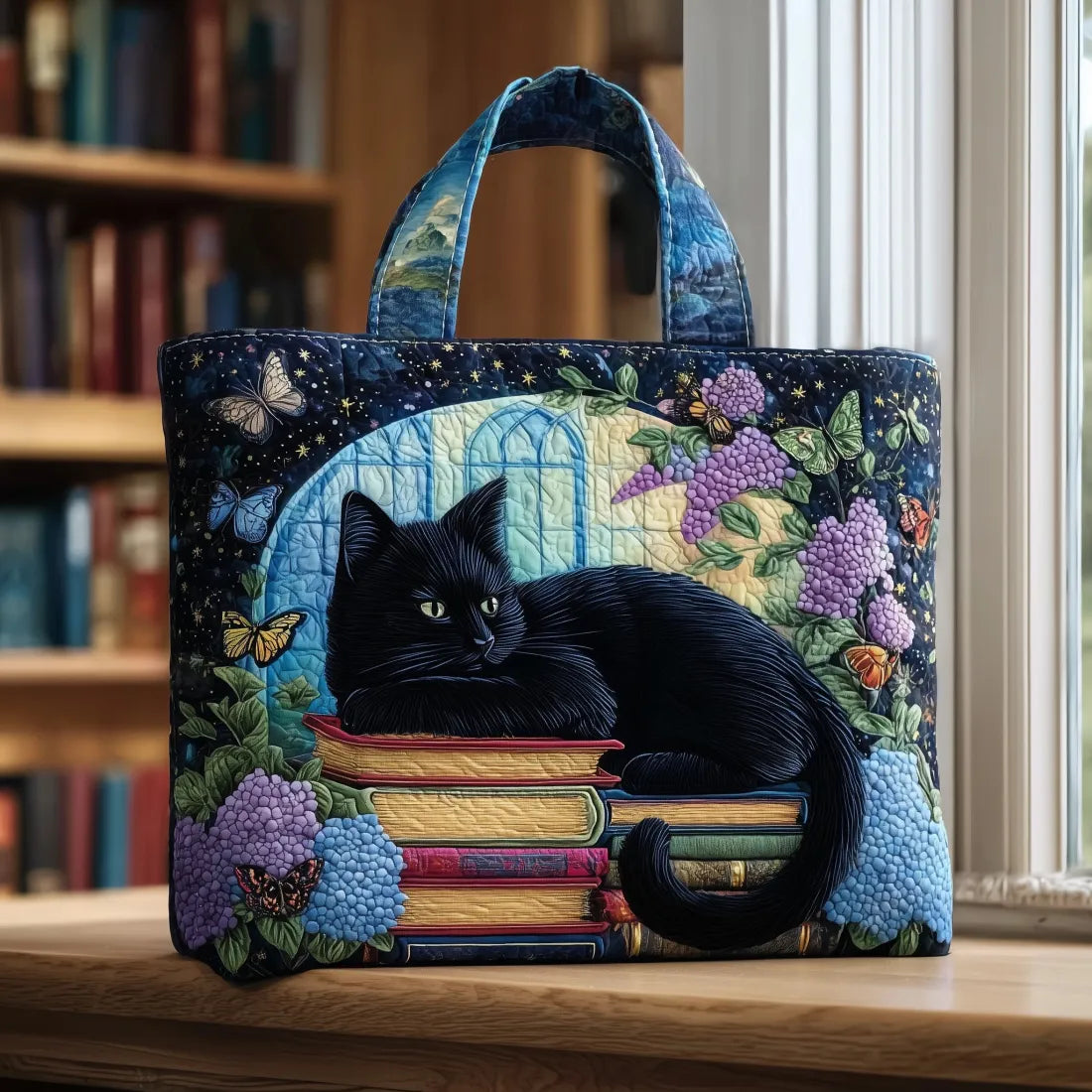 Bolso Artesanal de Gato Negro sobre Libros