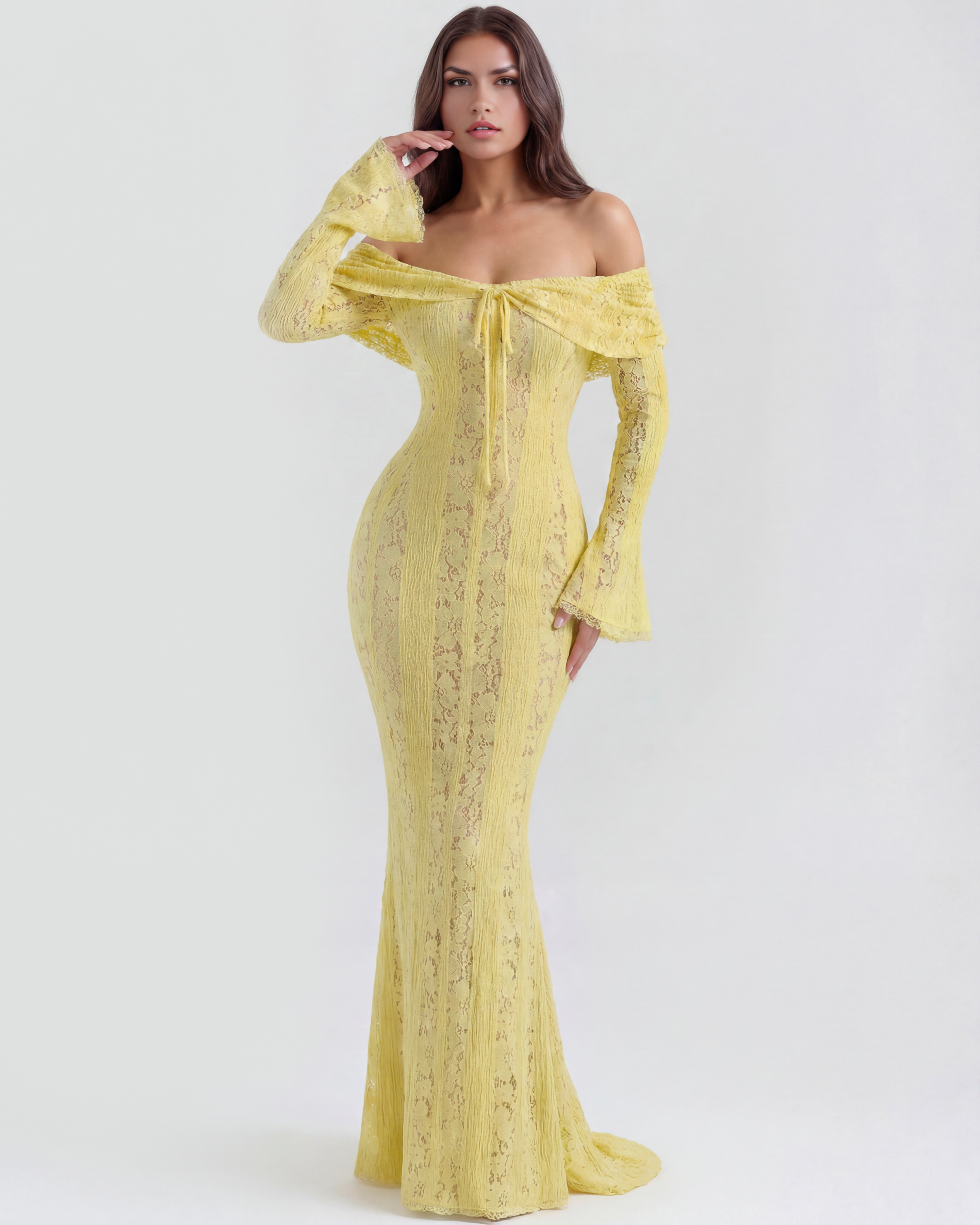 Vestido largo de encaje con escote bardot