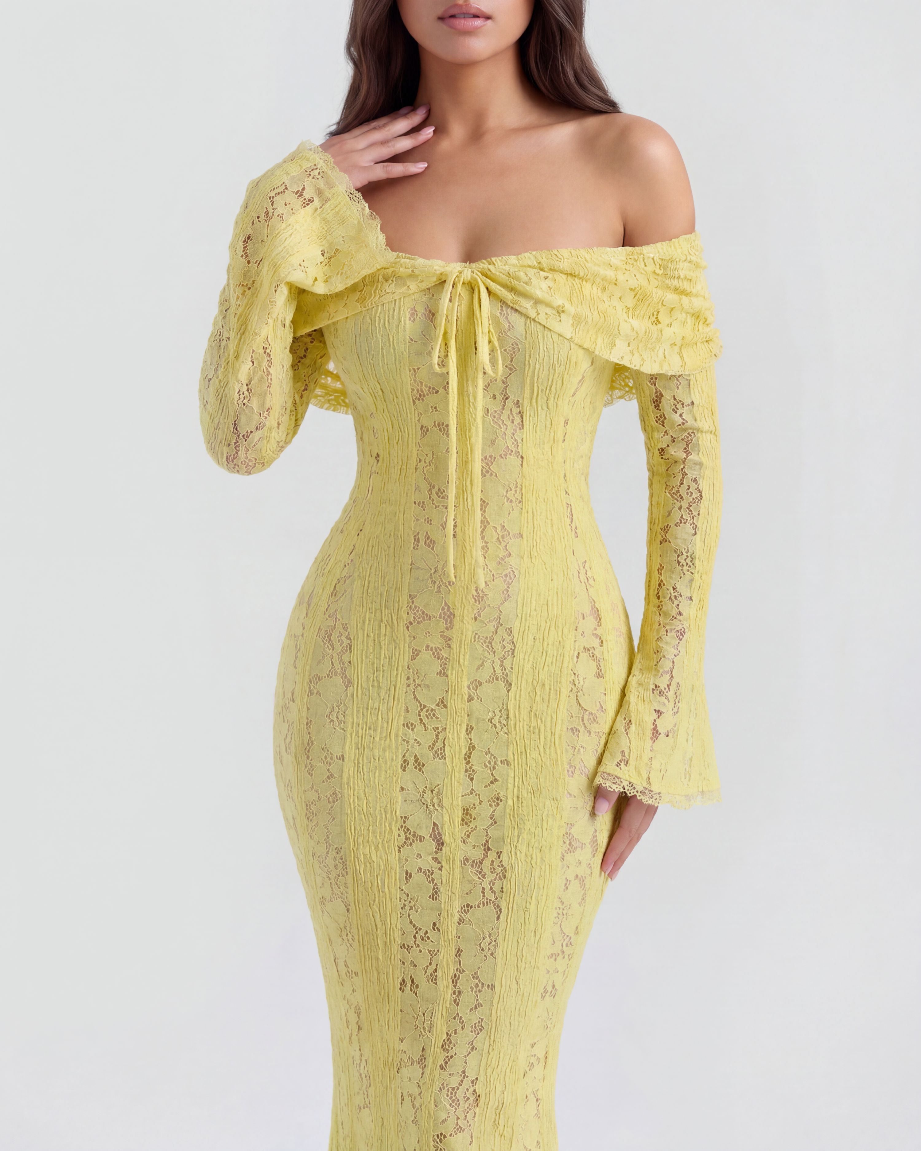 Vestido largo de encaje con escote bardot
