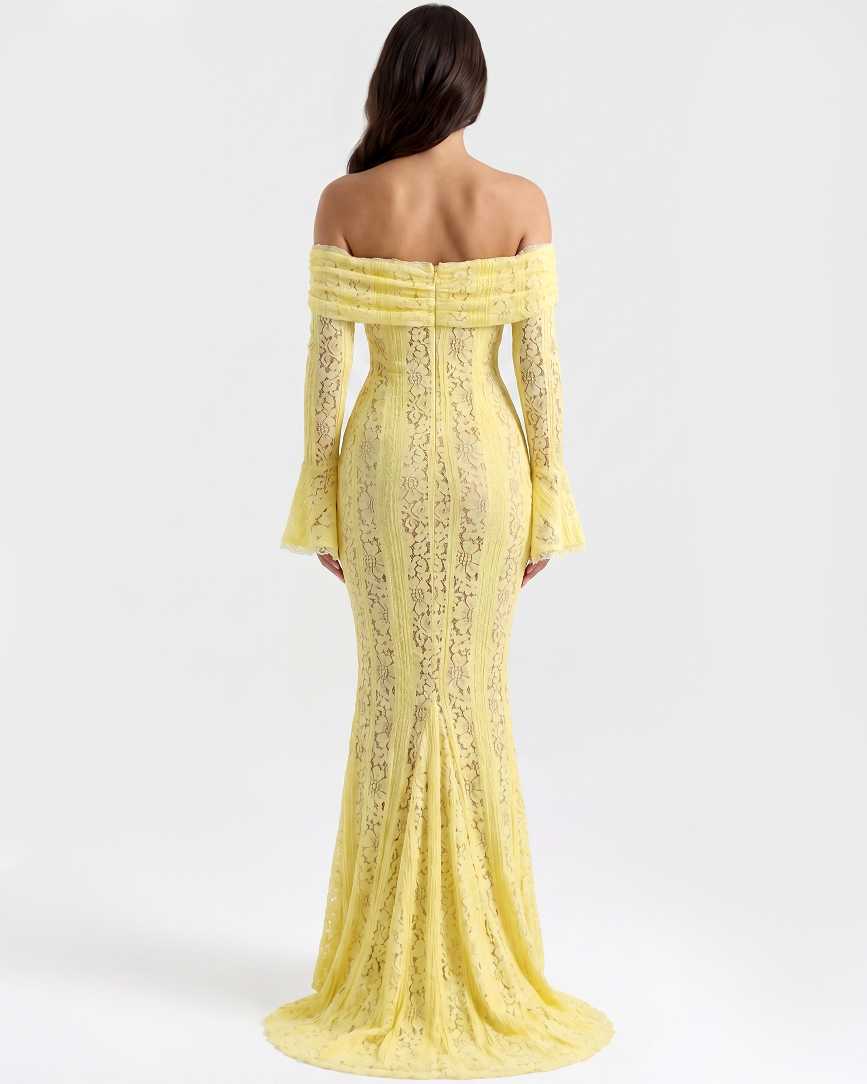 Vestido largo de encaje con escote bardot