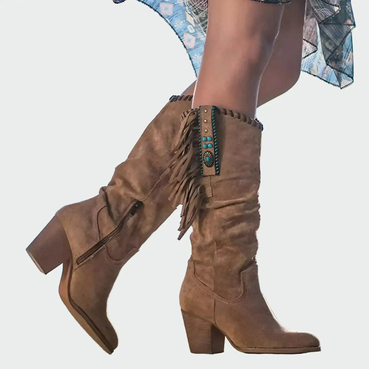 Maya | Botas Boho-western con Flecos y Piedras Turquesas