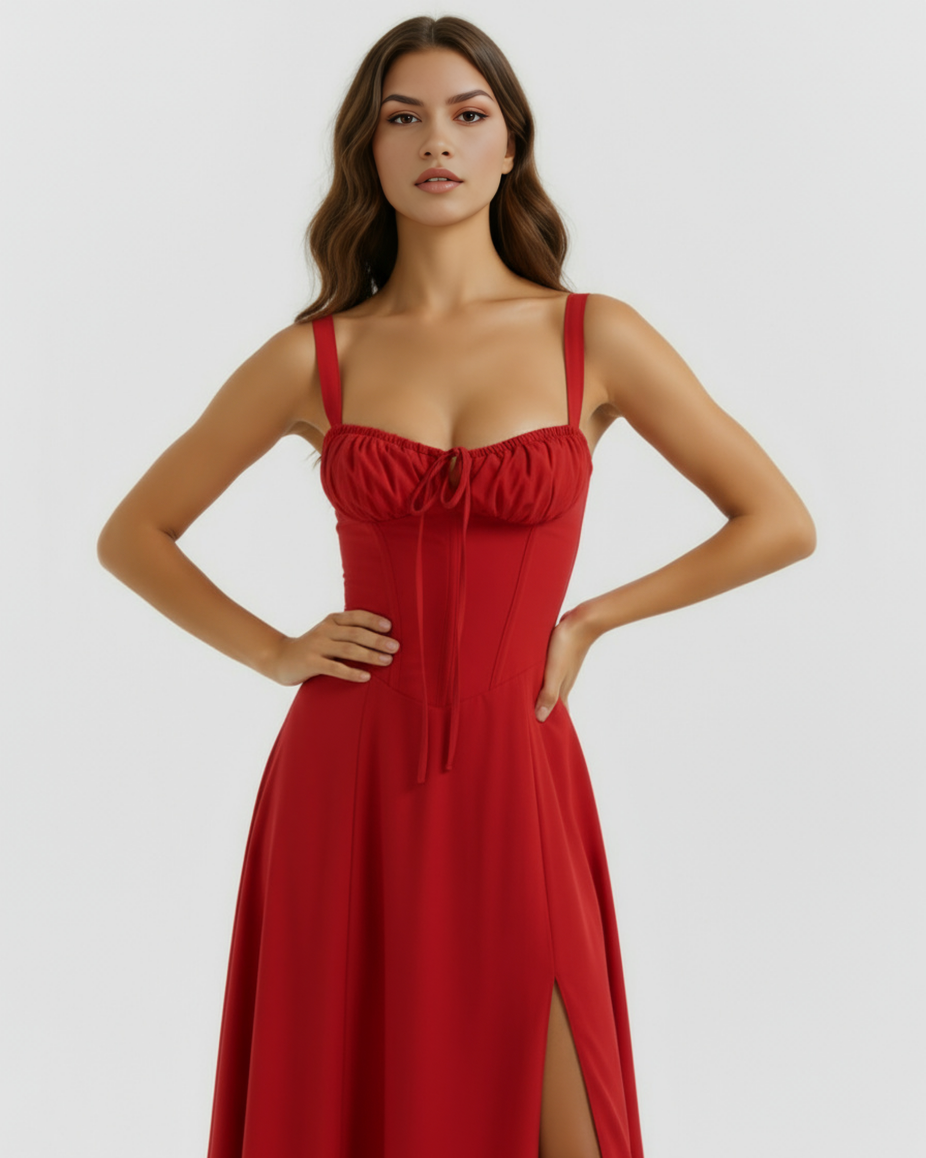 Vestido midi con corsé y abertura