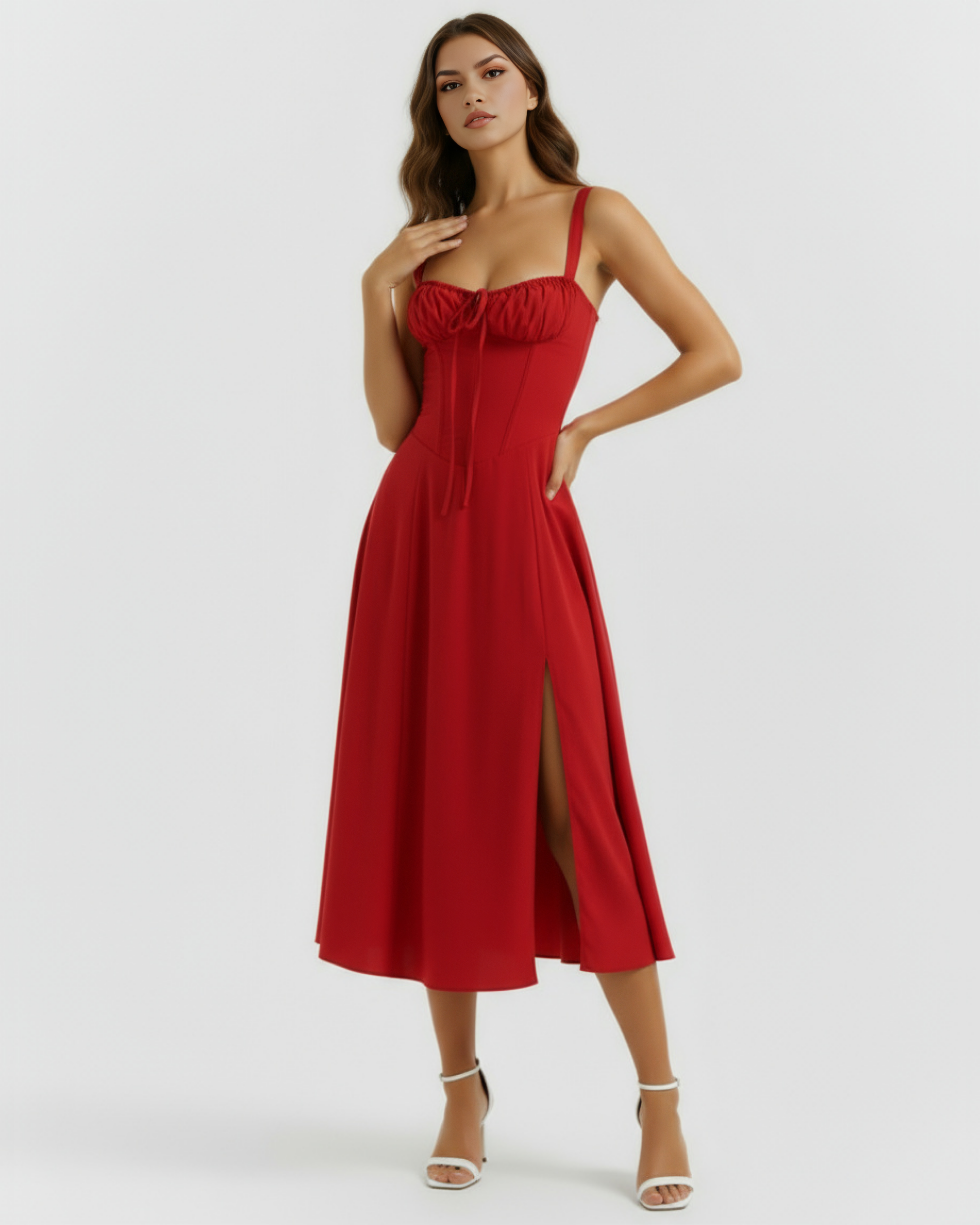 Vestido midi con corsé y abertura