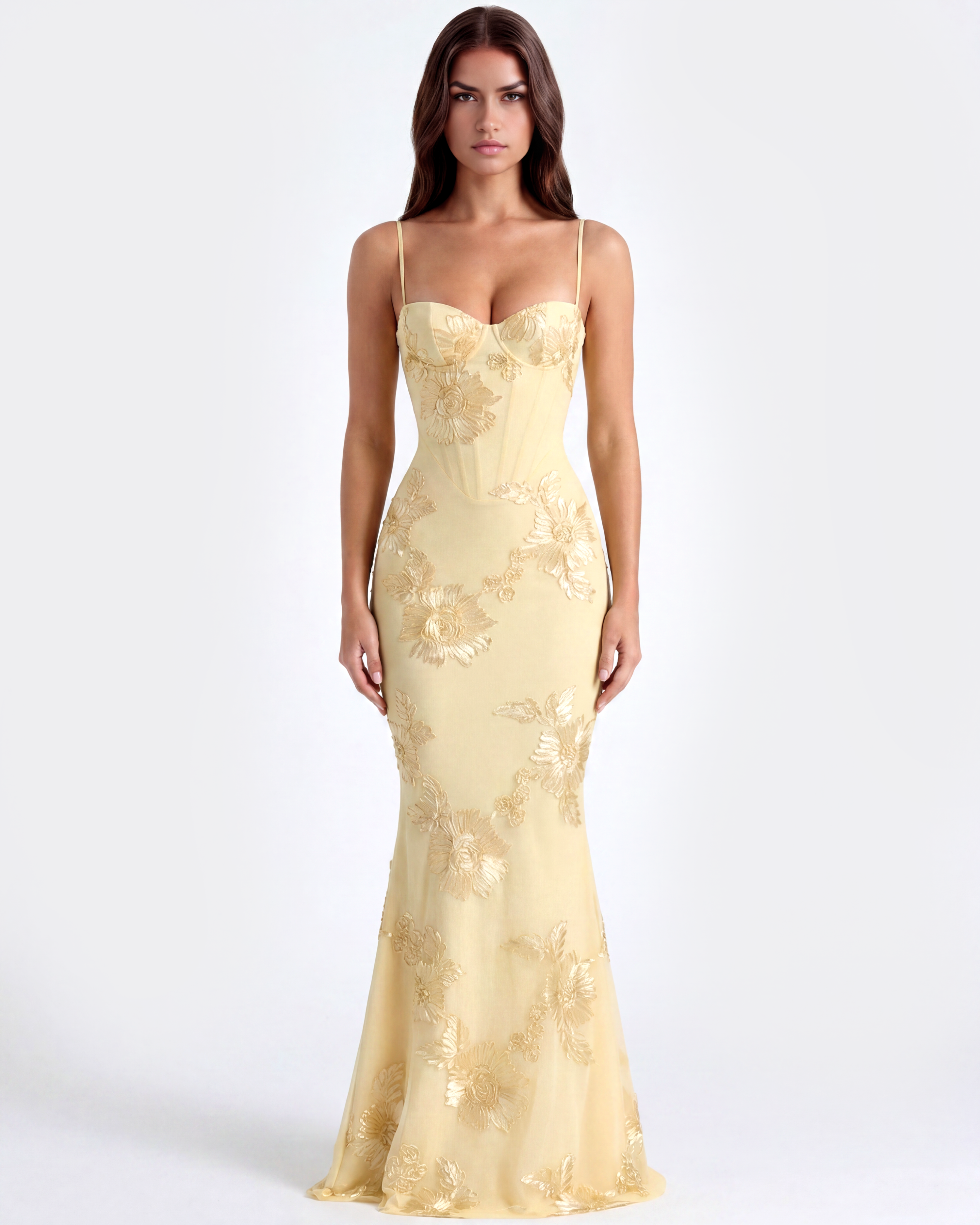 Vestido largo con corsé floral bordado