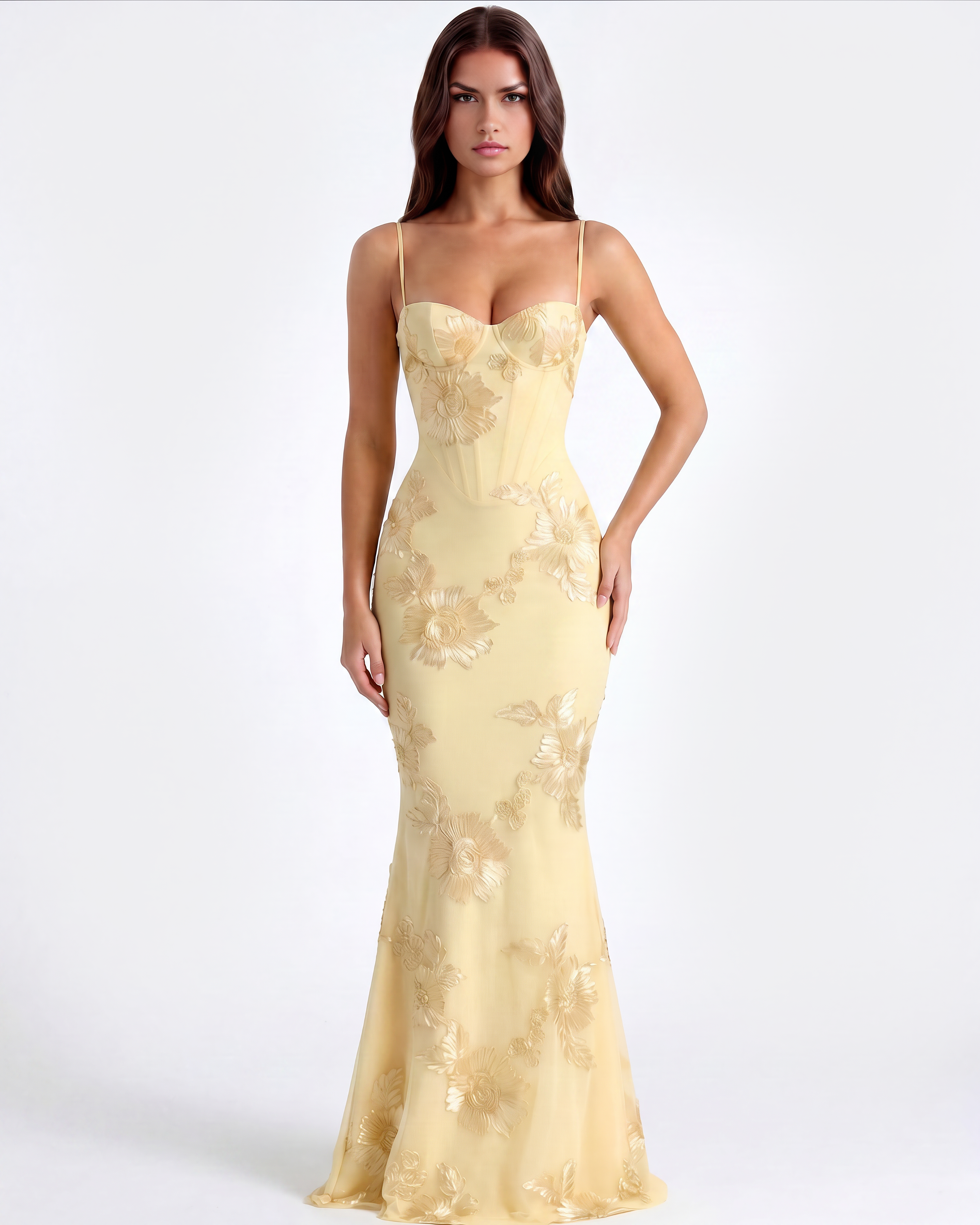 Vestido largo con corsé floral bordado