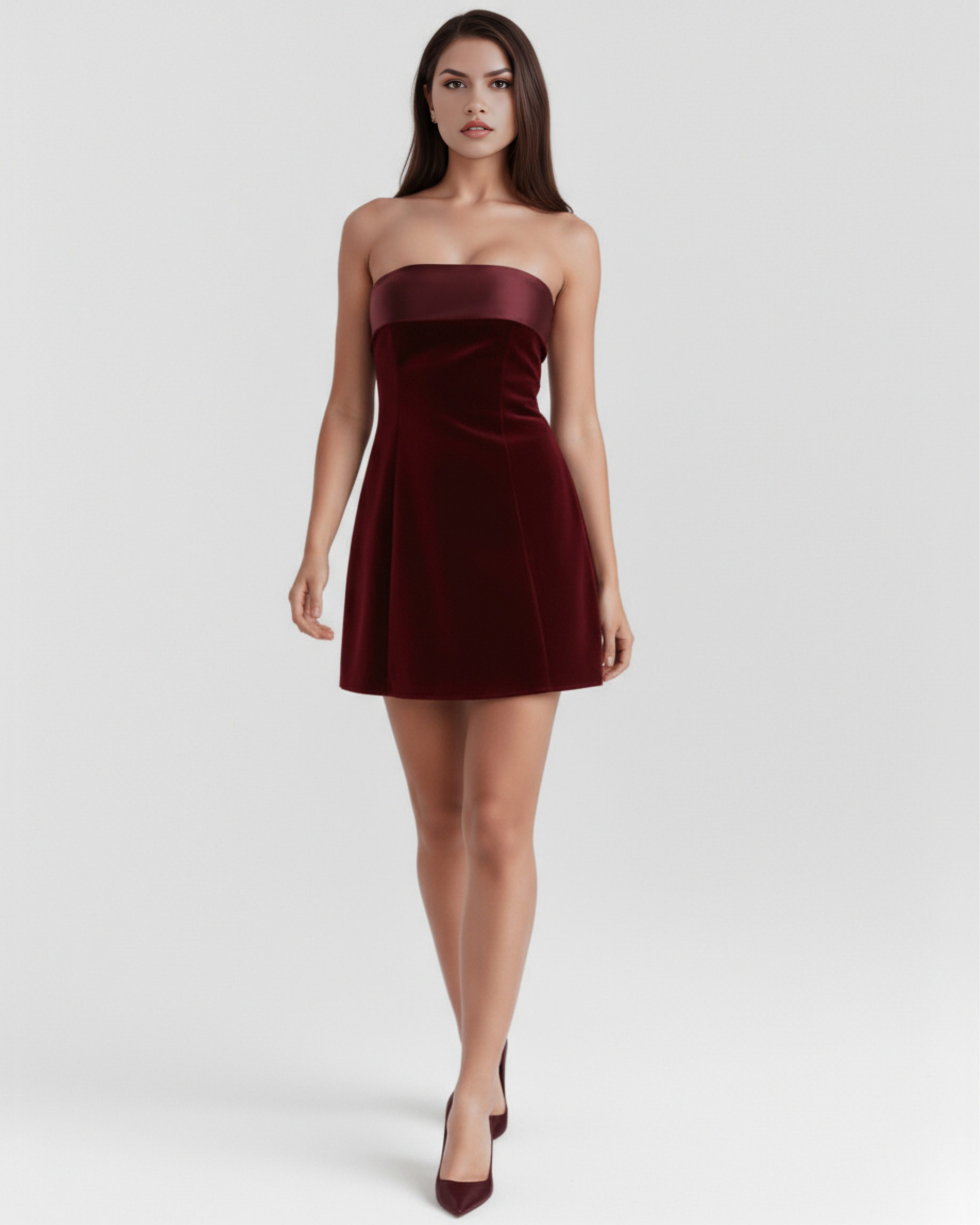 Vestido corto palabra de honor con acabado velvet