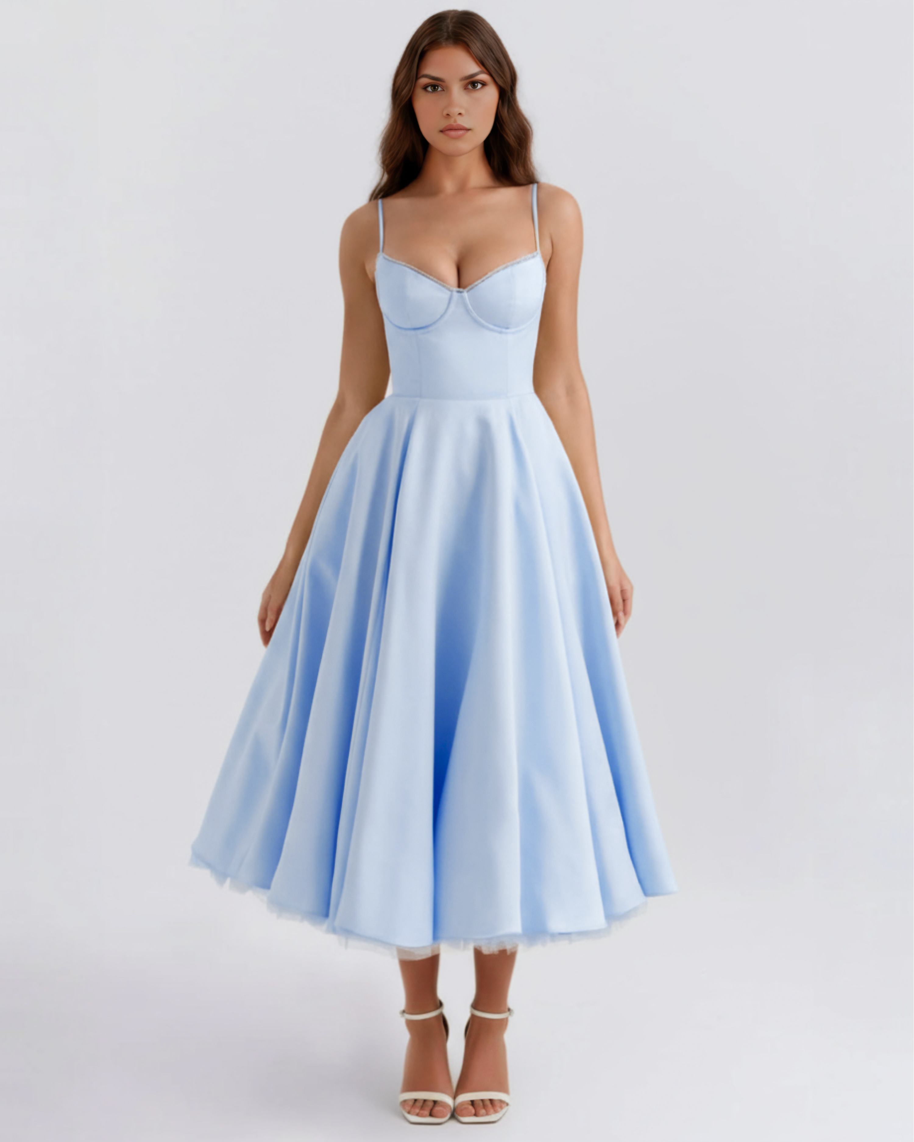 Vestido midi con corsé y falda amplia