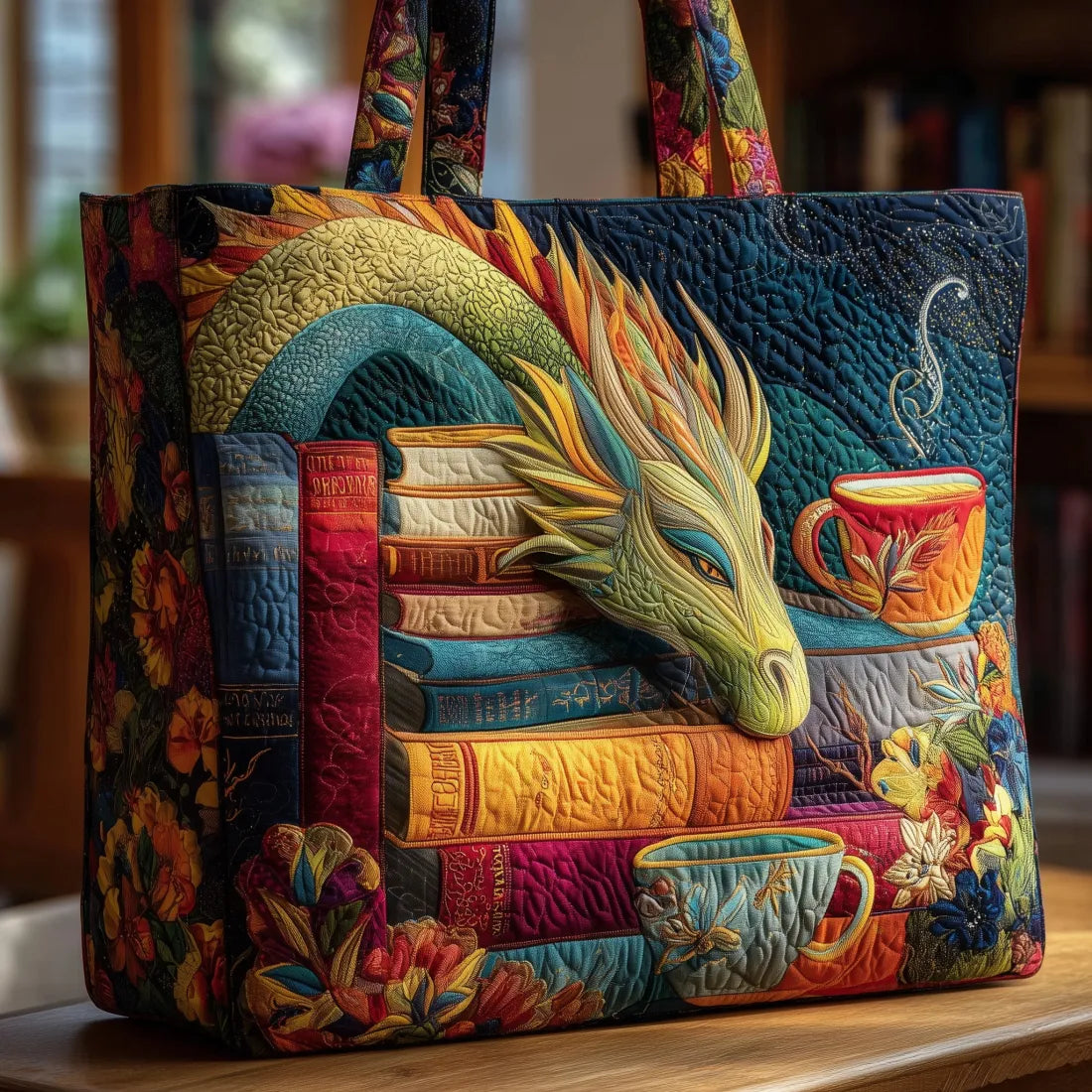 Bolso de Hombro Artesanal de Dragón con Libros y Tazas