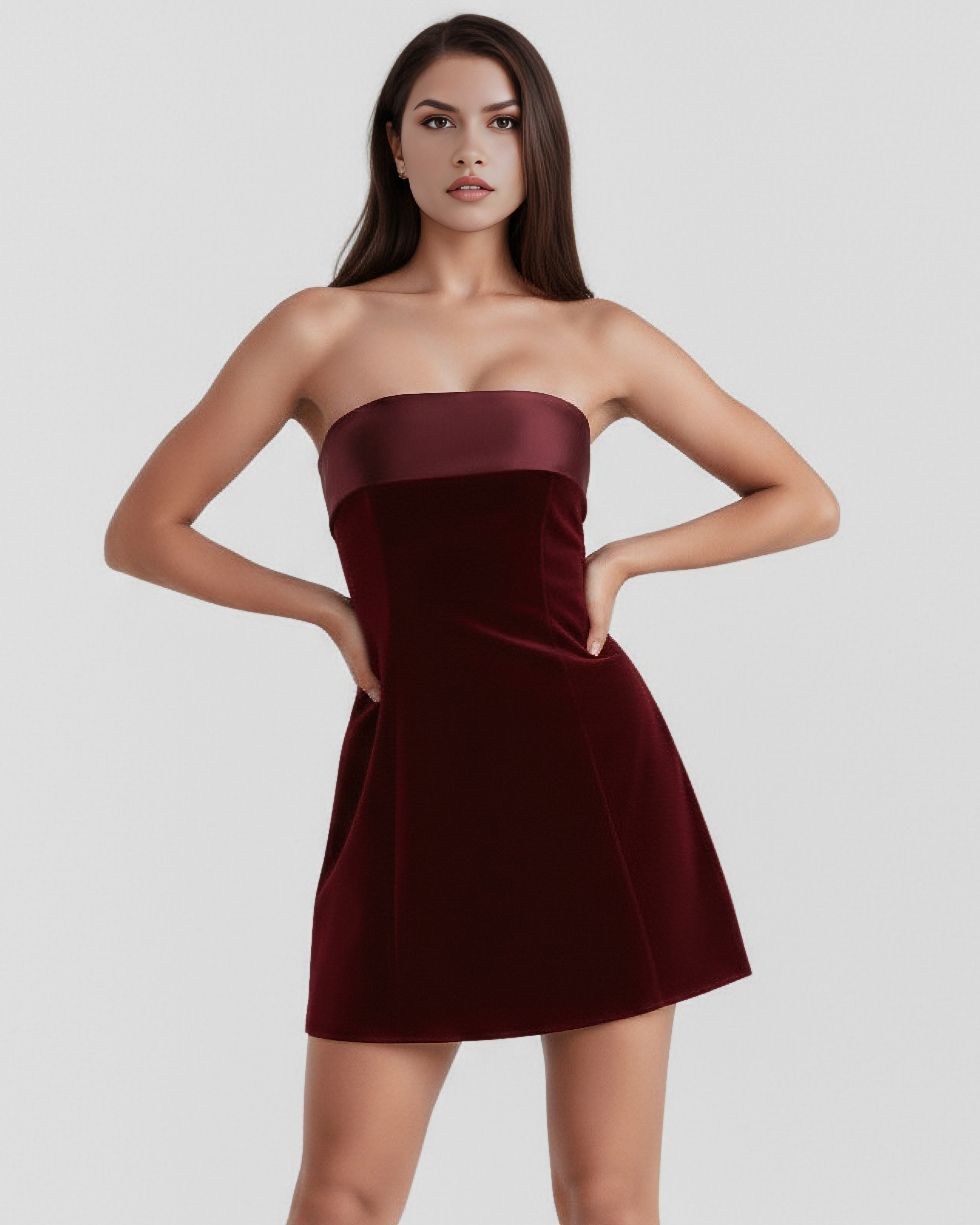 Vestido corto palabra de honor con acabado velvet