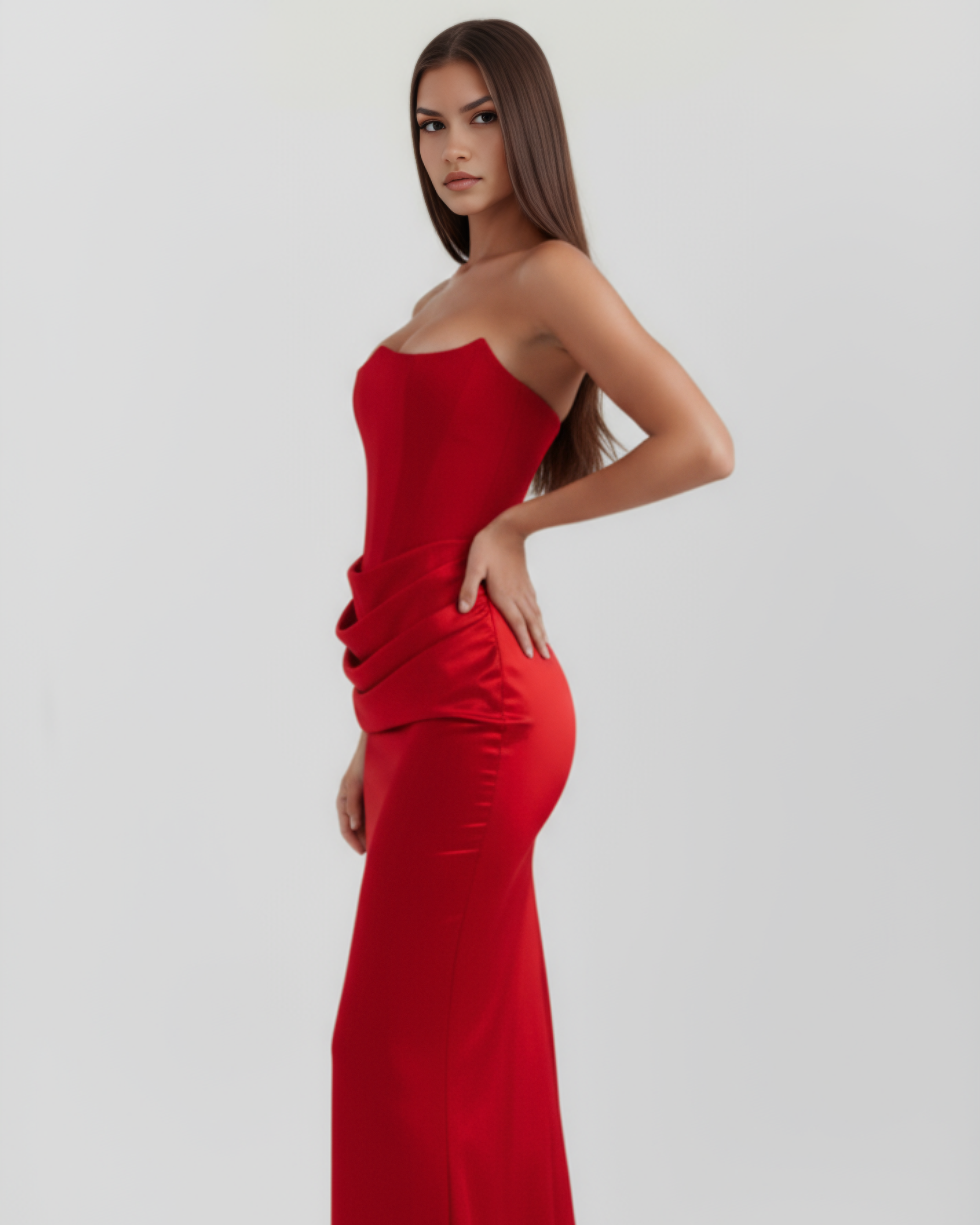 Vestido largo satinado con escote palabra de honor