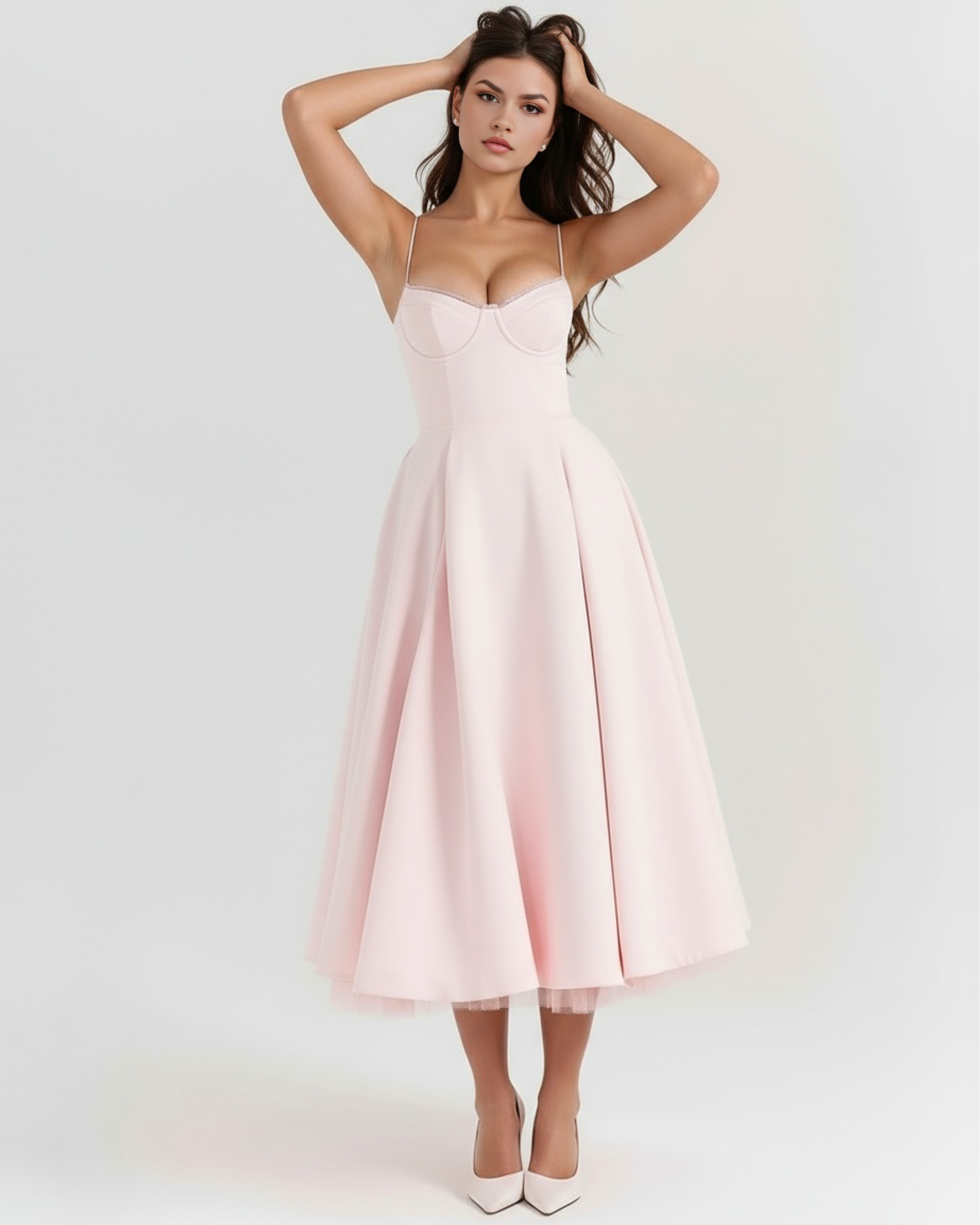 Vestido midi con corsé y falda amplia