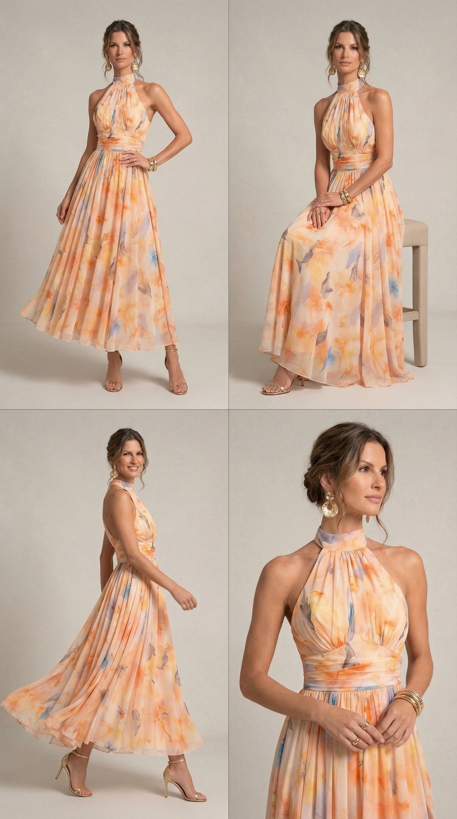 Vestido de Cuello Halter con Estampado de Acuarela