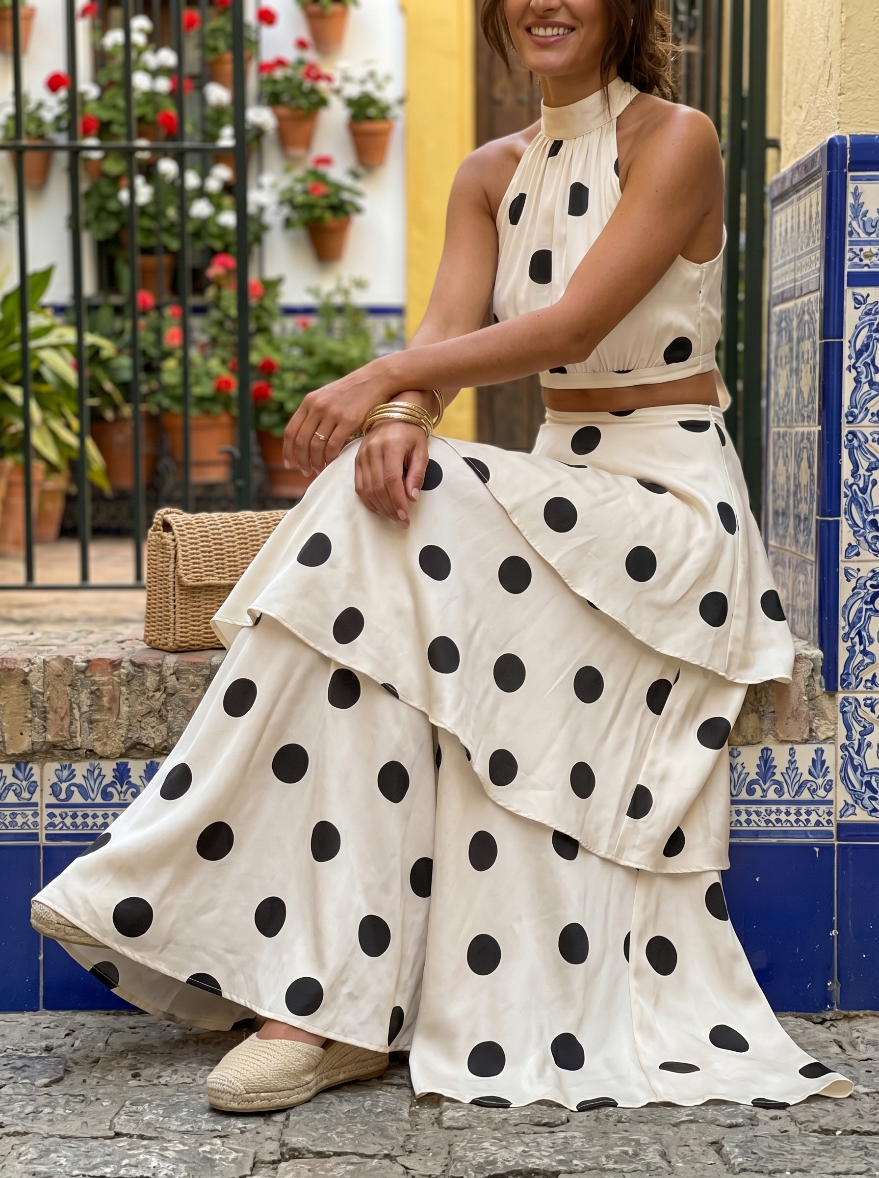 Conjunto top y falda larga de lunares