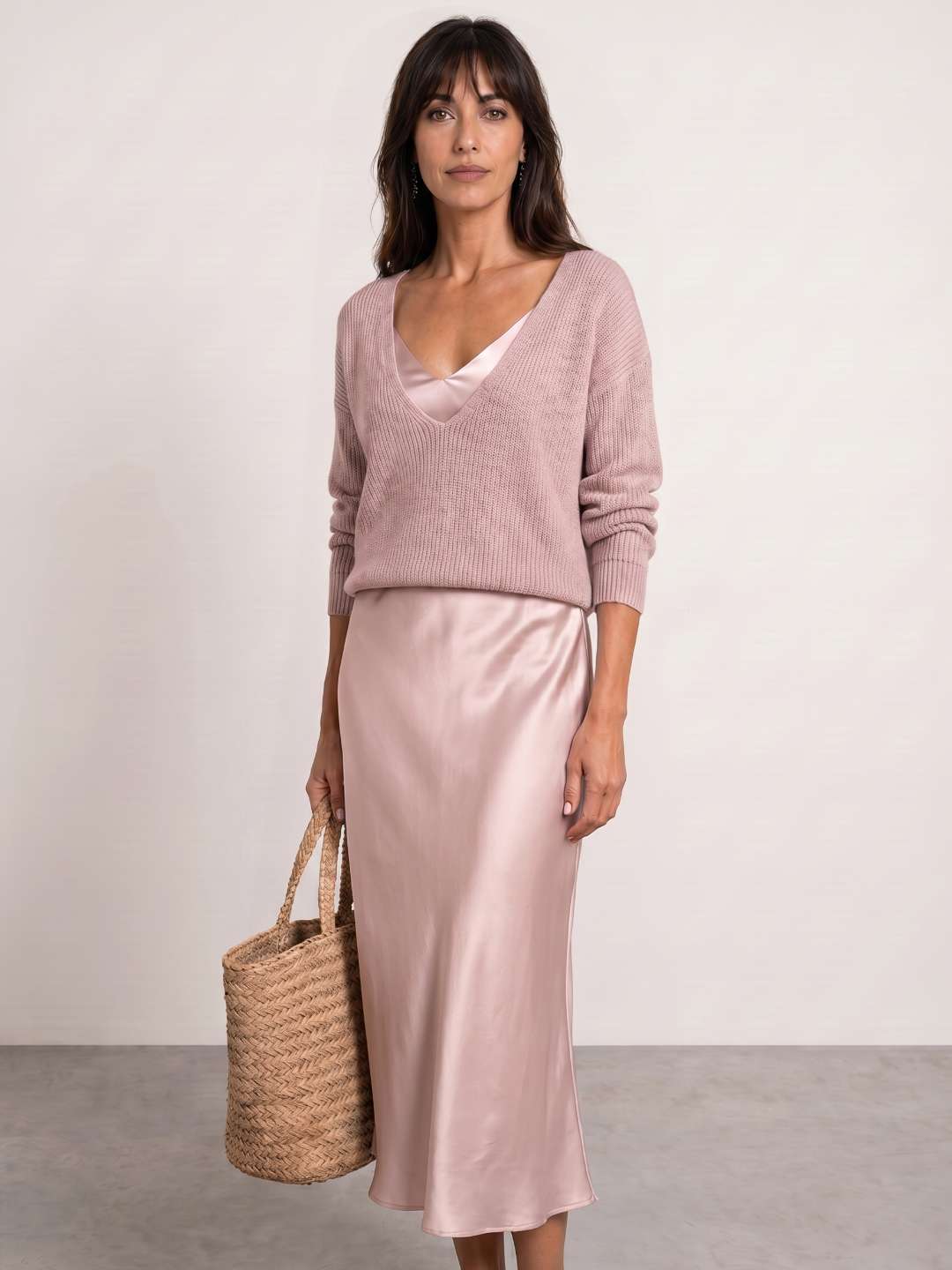 Vestido midi de satén con jersey incluido
