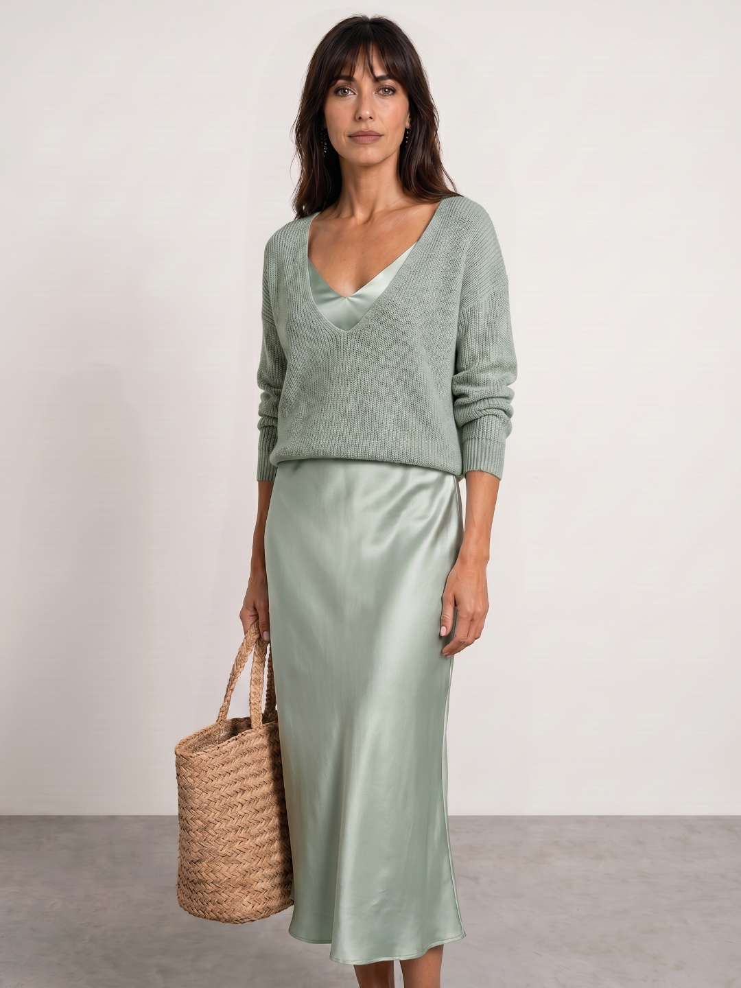 Vestido midi de satén con jersey incluido