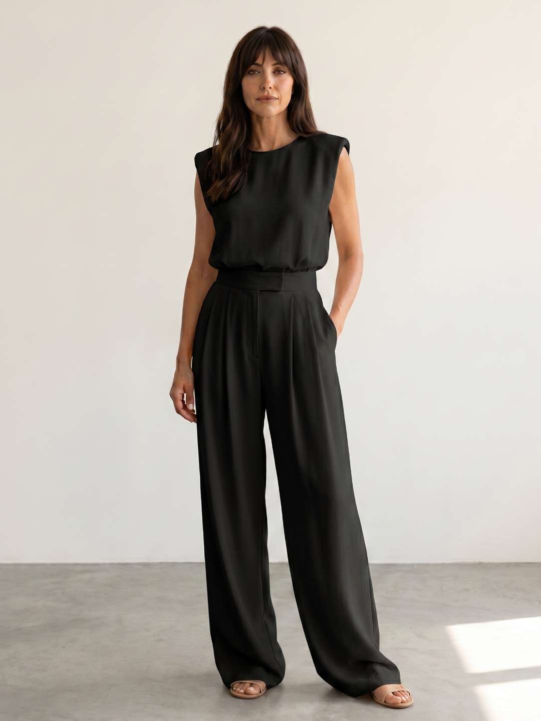 Conjunto fluido de top estructurado y pantalón ancho