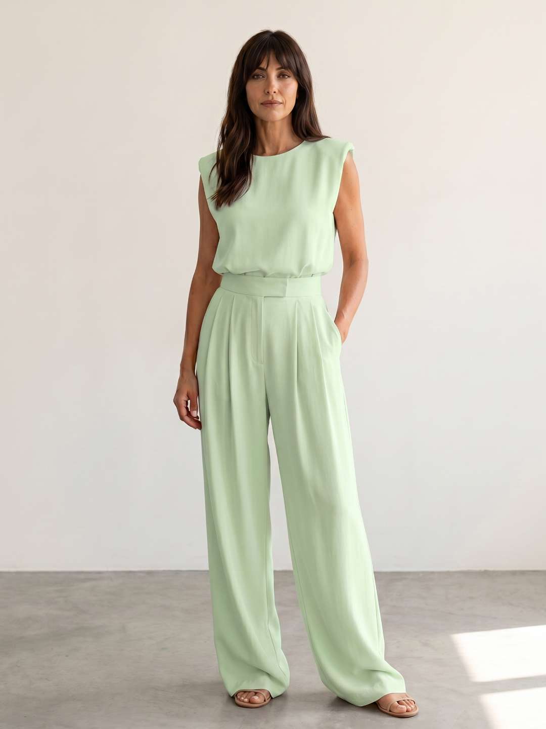 Conjunto fluido de top estructurado y pantalón ancho