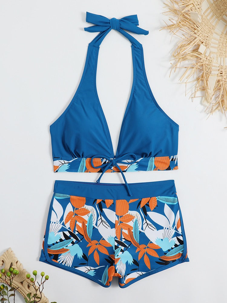 Bikini con short de tiro medio y top halter