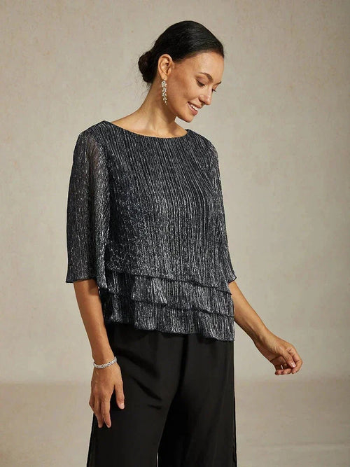 Blusa asimétrica de gasa plisada metalizada con capas - Nhaura