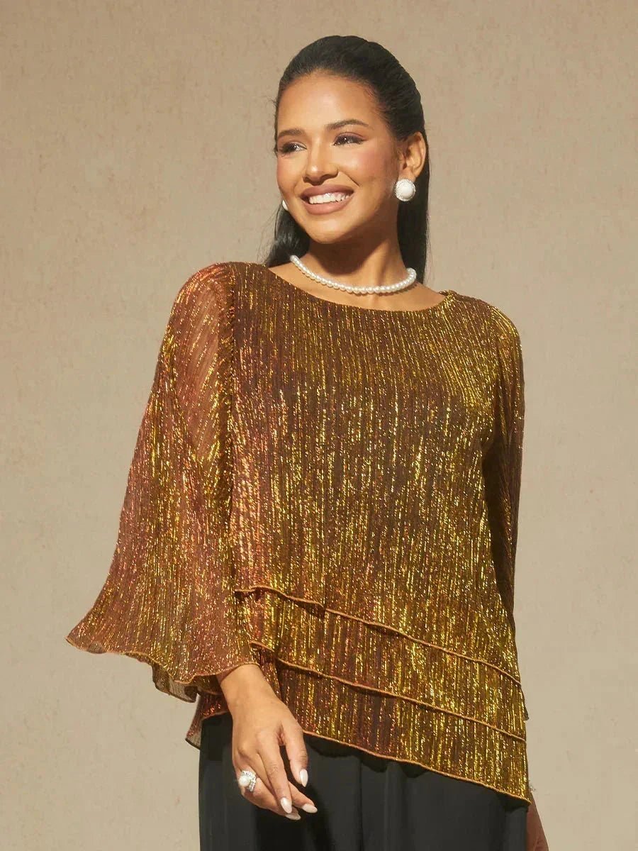 Blusa asimétrica de gasa plisada metalizada con capas - Nhaura
