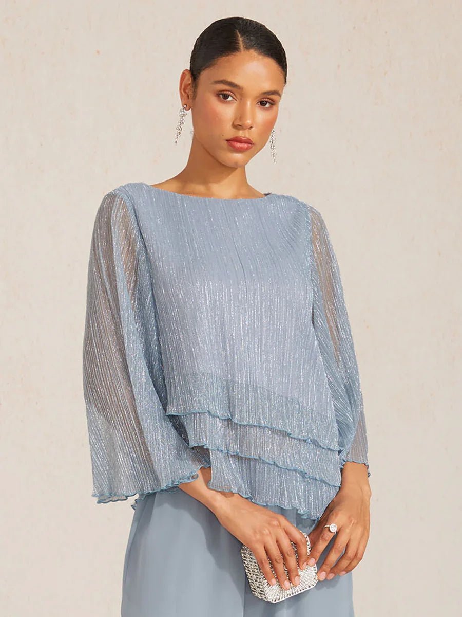 Blusa asimétrica de gasa plisada metalizada con capas - Nhaura