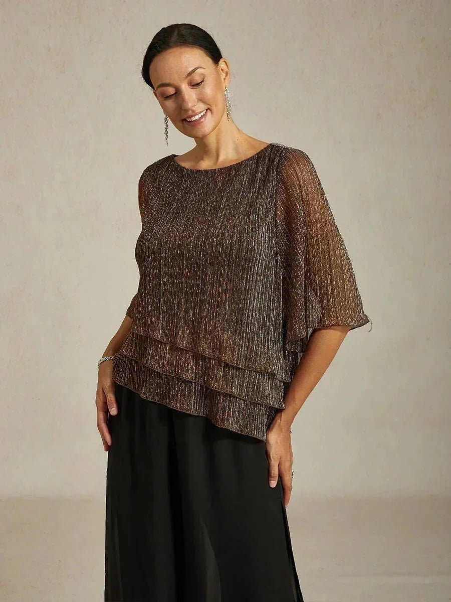 Blusa asimétrica de gasa plisada metalizada con capas - Nhaura