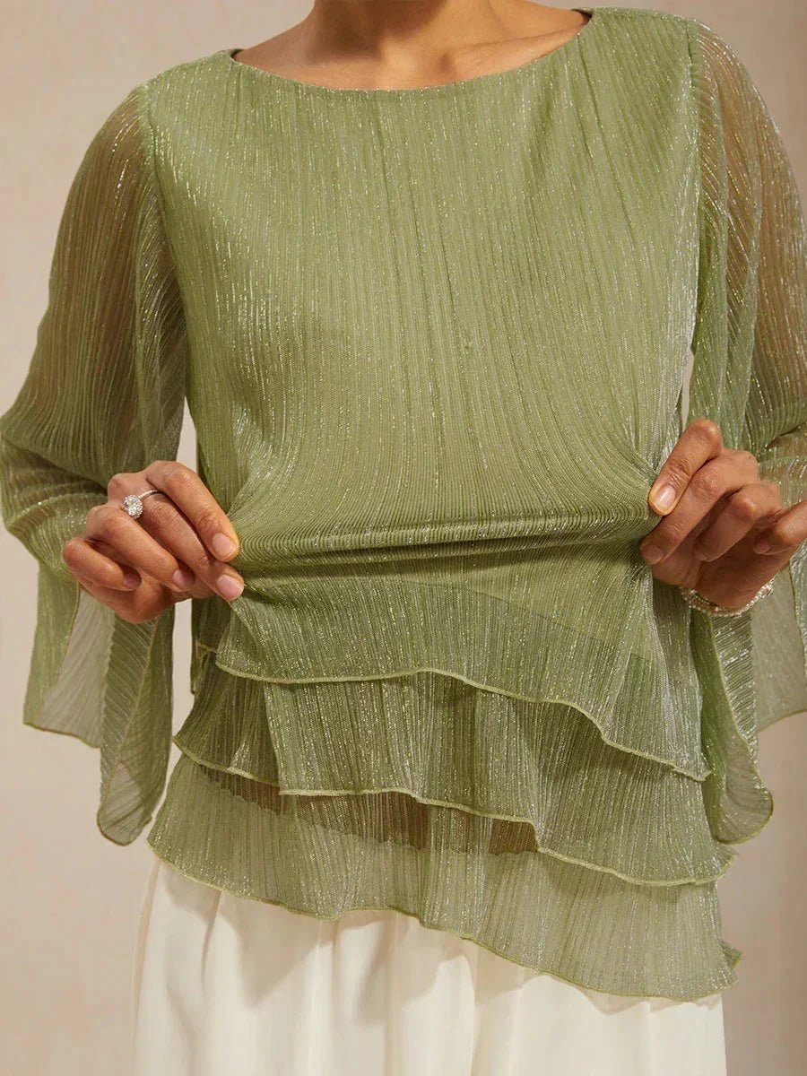 Blusa asimétrica de gasa plisada metalizada con capas - Nhaura