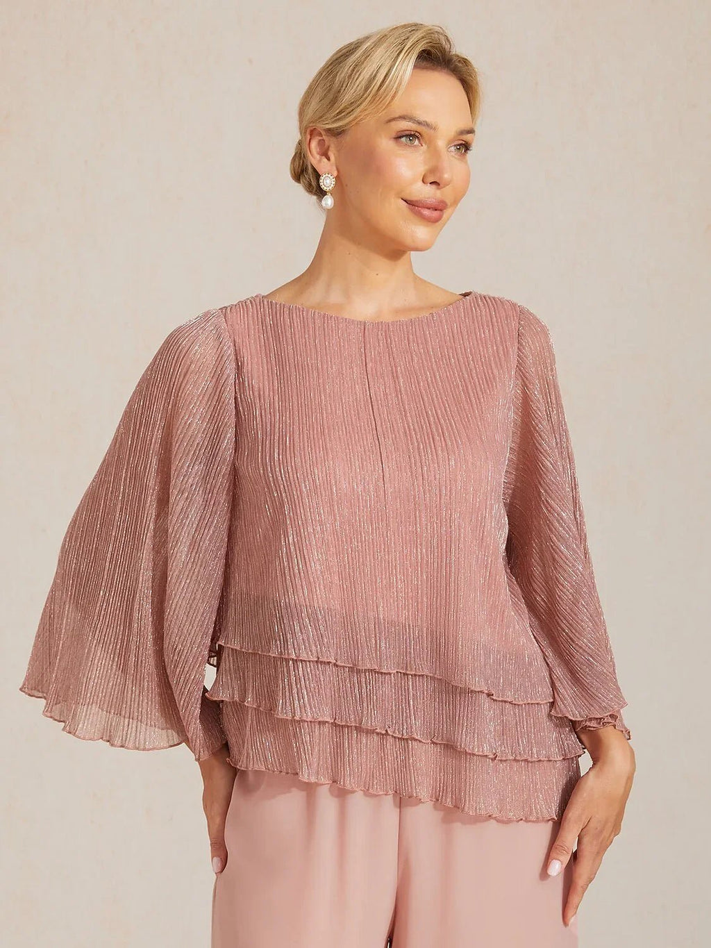 Blusa asimétrica de gasa plisada metalizada con capas - Nhaura