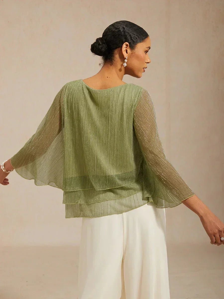 Blusa asimétrica de gasa plisada metalizada con capas - Nhaura