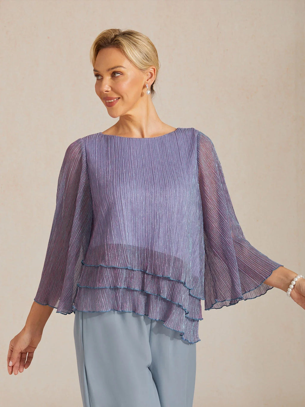 Blusa asimétrica de gasa plisada metalizada con capas - Nhaura