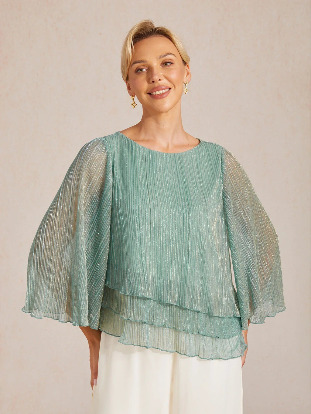 Blusa asimétrica de gasa plisada metalizada con capas - Nhaura