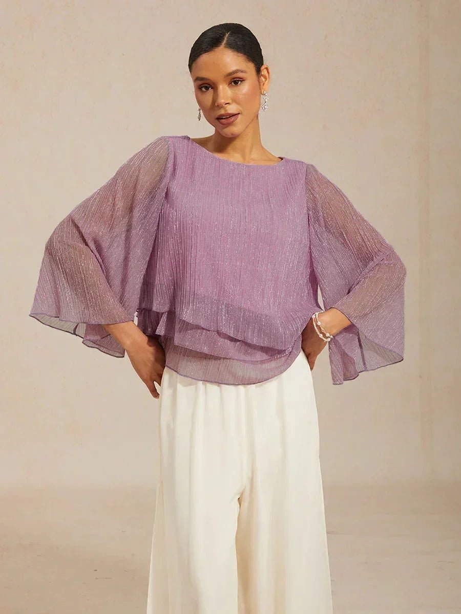 Blusa asimétrica de gasa plisada metalizada con capas - Nhaura