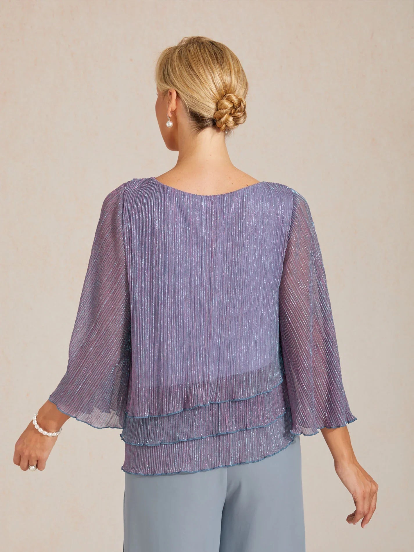 Blusa asimétrica de gasa plisada metalizada con capas - Nhaura