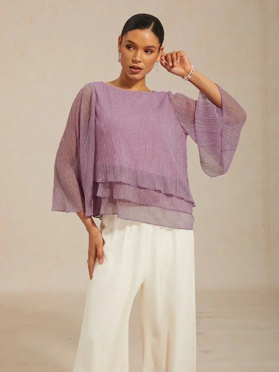 Blusa asimétrica de gasa plisada metalizada con capas - Nhaura