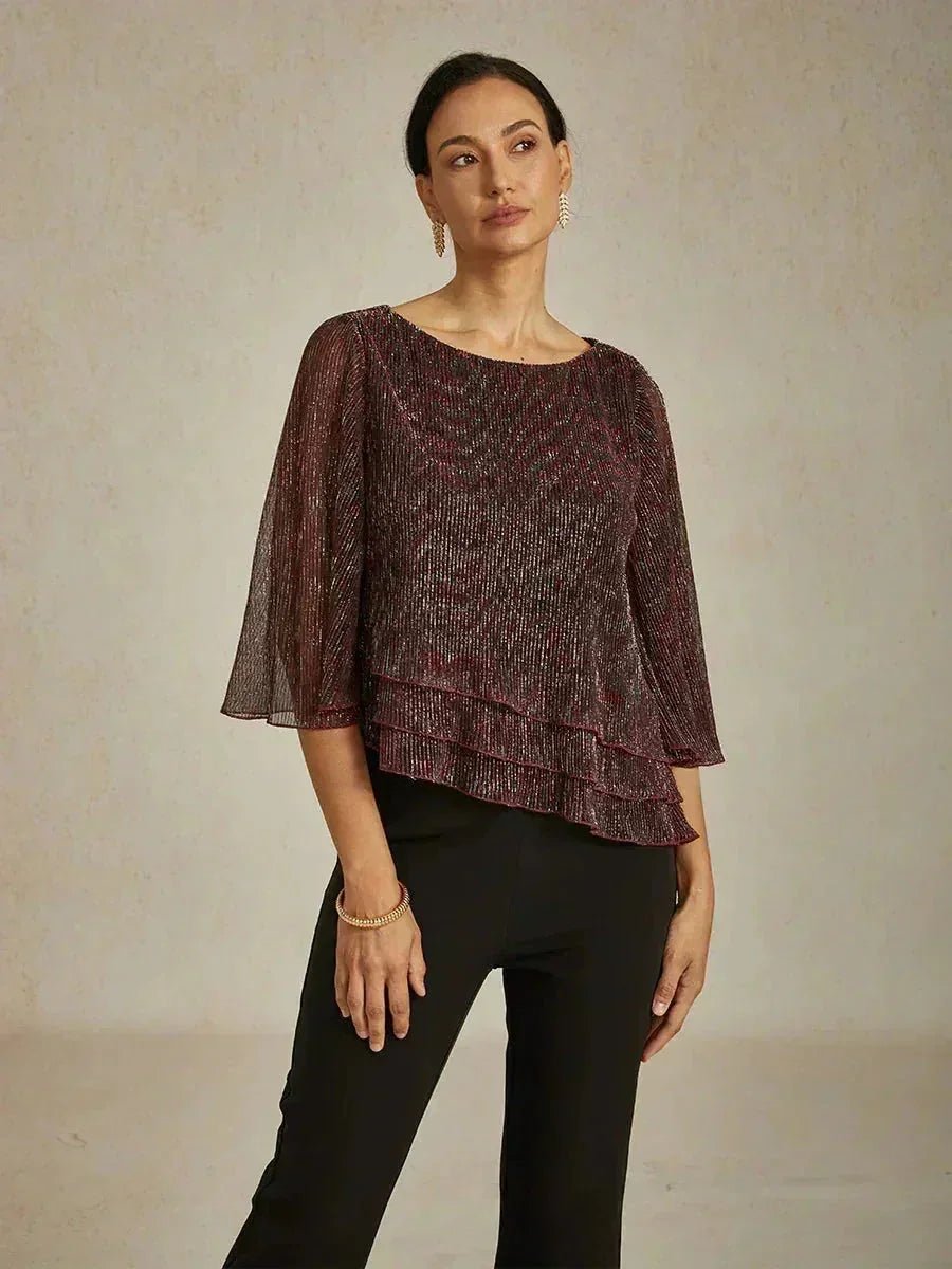 Blusa asimétrica de gasa plisada metalizada con capas - Nhaura