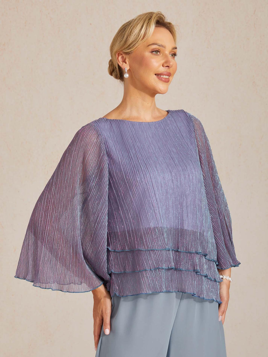 Blusa asimétrica de gasa plisada metalizada con capas - Nhaura