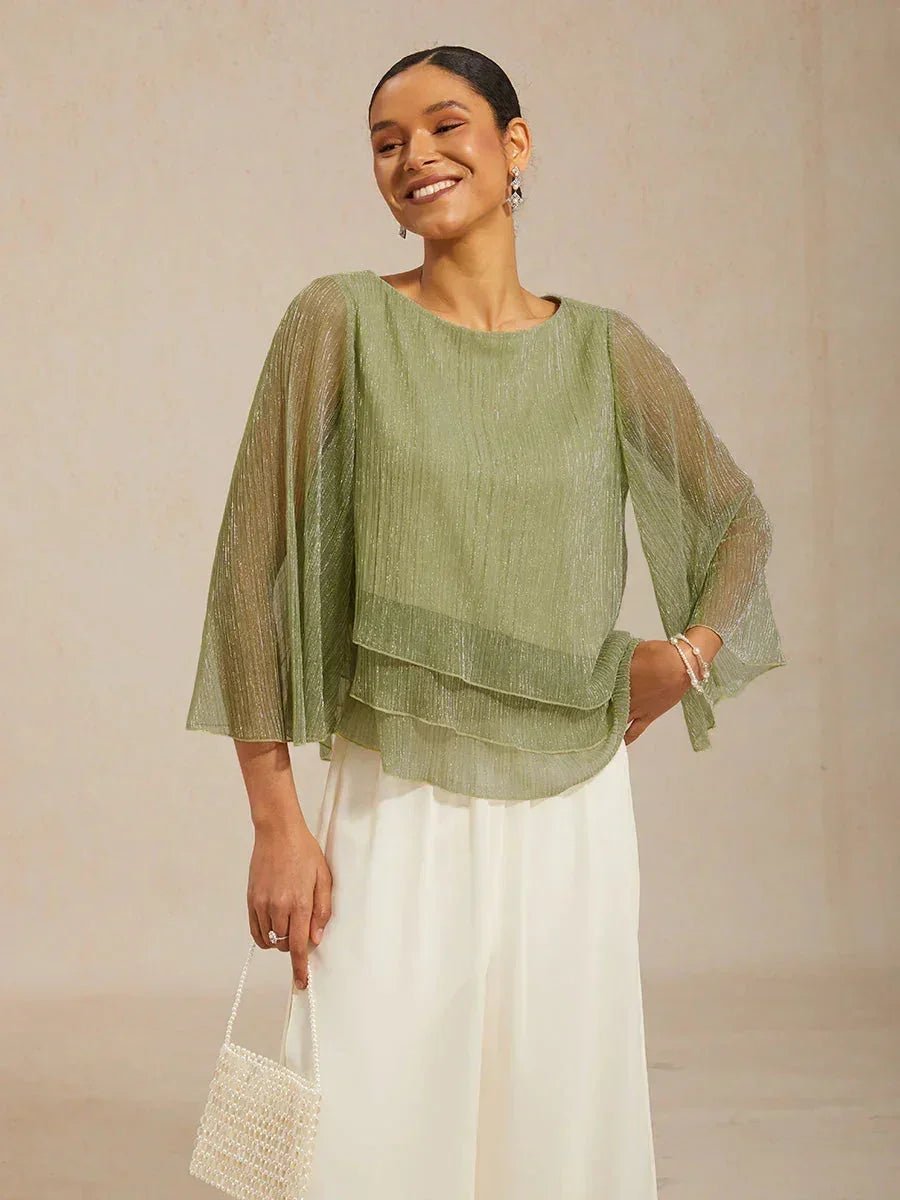 Blusa asimétrica de gasa plisada metalizada con capas - Nhaura