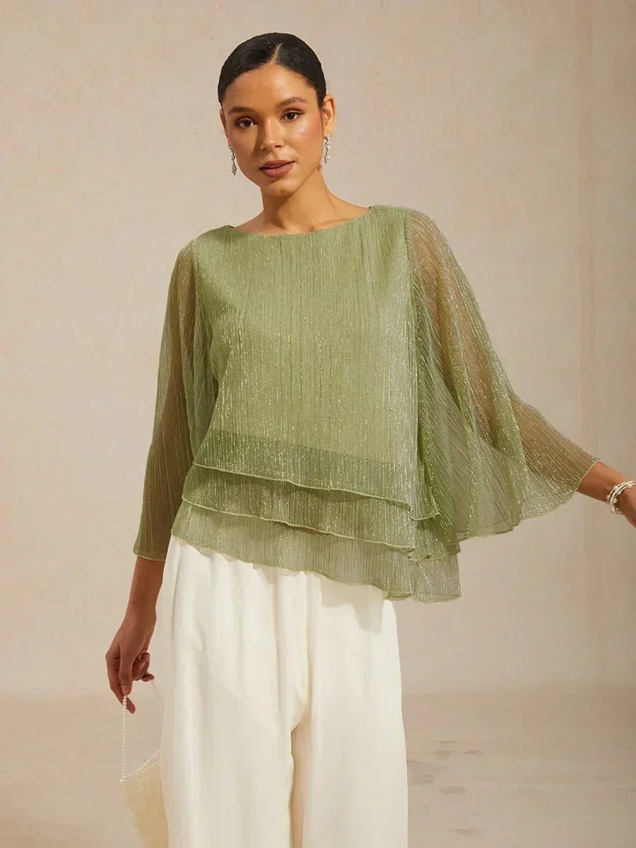 Blusa asimétrica de gasa plisada metalizada con capas - Nhaura