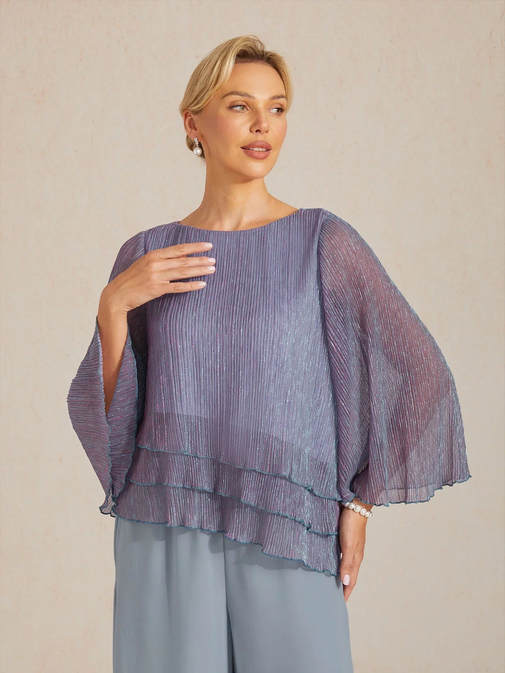Blusa asimétrica de gasa plisada metalizada con capas - Nhaura