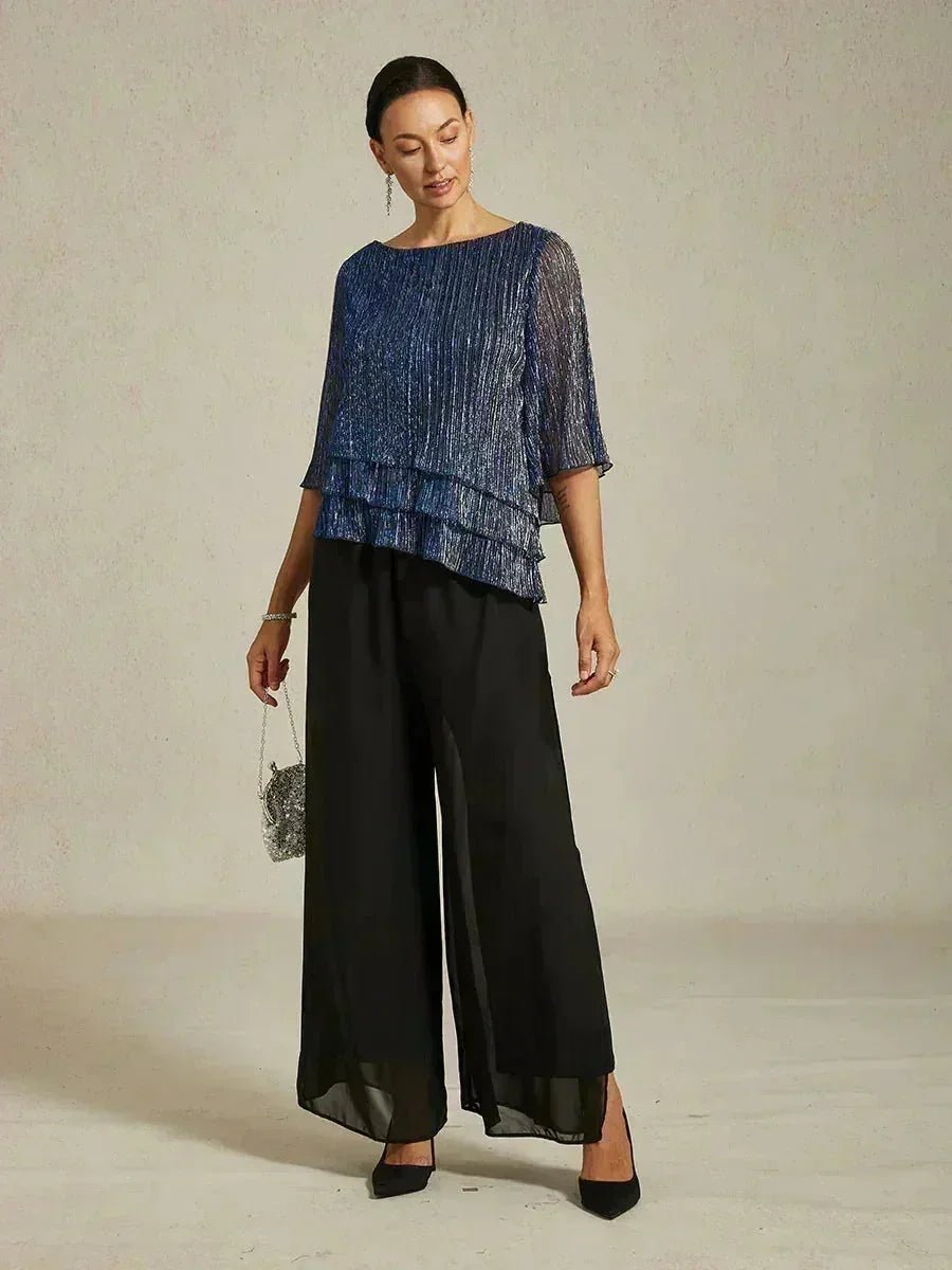 Blusa asimétrica de gasa plisada metalizada con capas - Nhaura