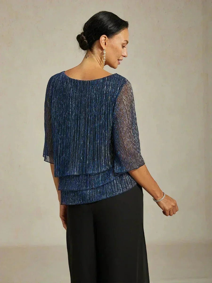 Blusa asimétrica de gasa plisada metalizada con capas - Nhaura