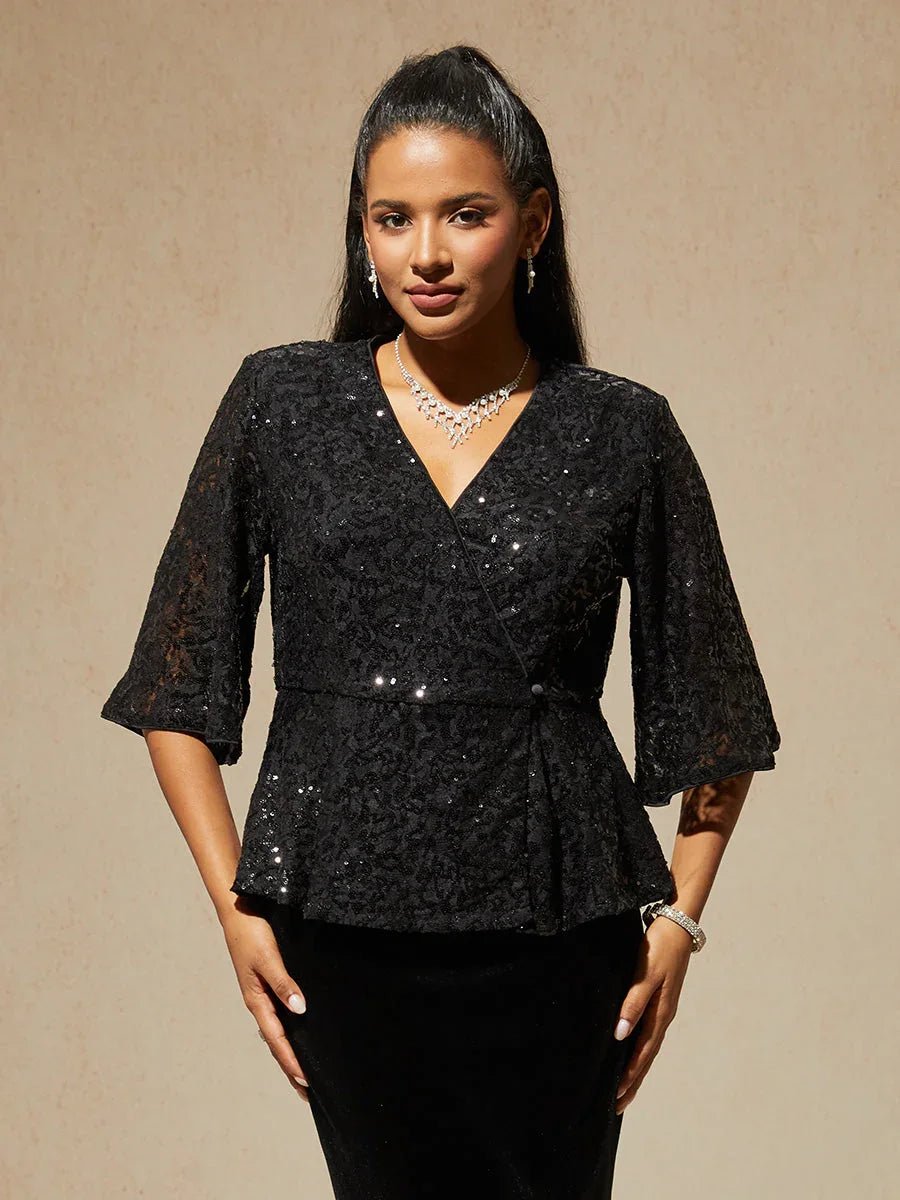 Blusa de encaje elástico con manga 3/4 y detalle de lentejuelas - Nhaura