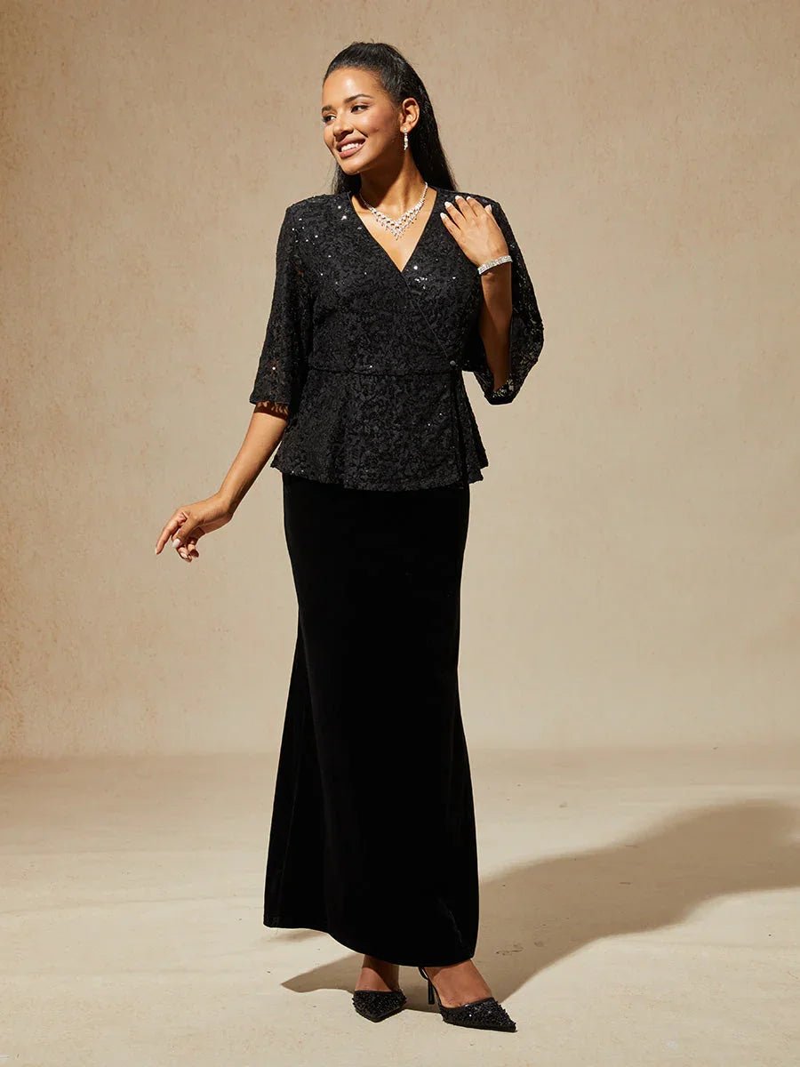 Blusa de encaje elástico con manga 3/4 y detalle de lentejuelas - Nhaura