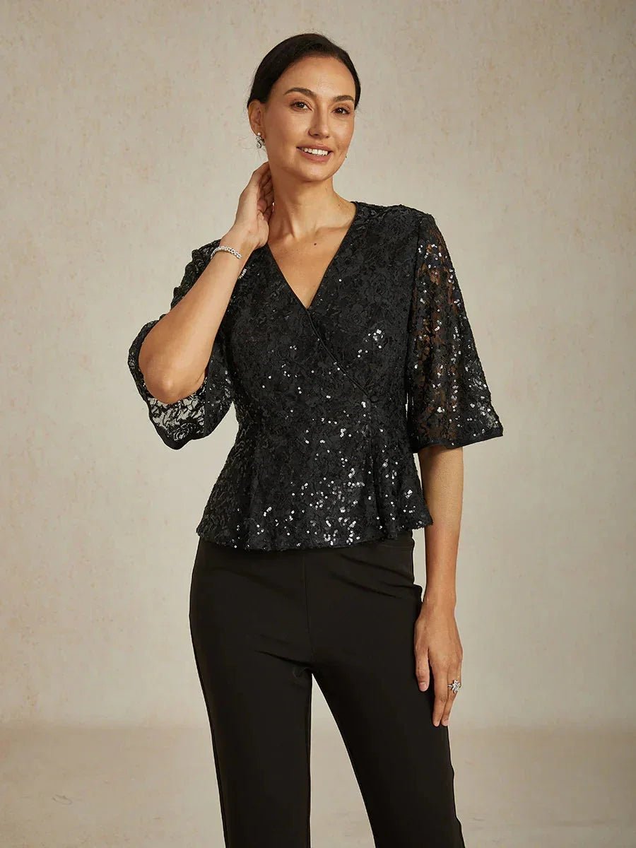 Blusa de encaje elástico con manga 3/4 y detalle de lentejuelas - Nhaura