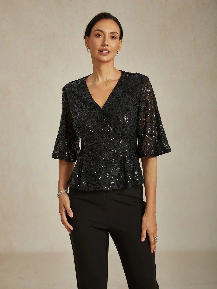 Blusa de encaje elástico con manga 3/4 y detalle de lentejuelas - Nhaura
