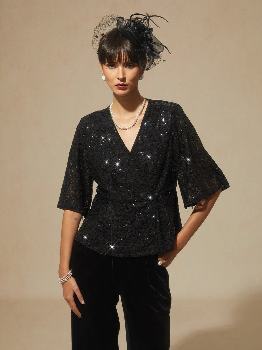 Blusa de encaje elástico con manga 3/4 y detalle de lentejuelas - Nhaura
