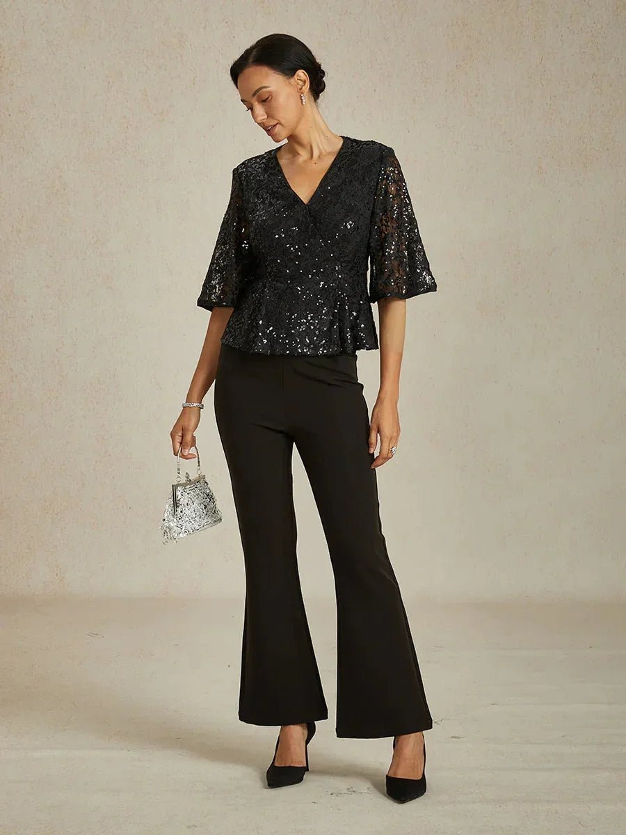 Blusa de encaje elástico con manga 3/4 y detalle de lentejuelas - Nhaura