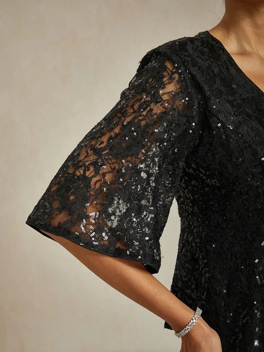 Blusa de encaje elástico con manga 3/4 y detalle de lentejuelas - Nhaura