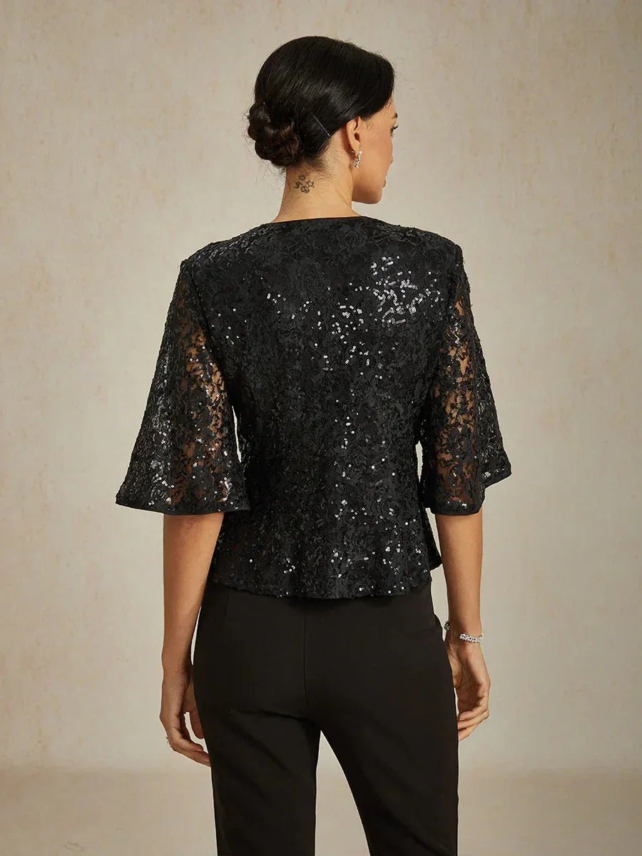 Blusa de encaje elástico con manga 3/4 y detalle de lentejuelas - Nhaura